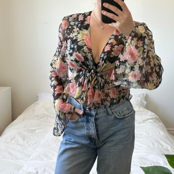 Floral sheer bell sleeve blouse with tie-up detail - Picture 2 of 5